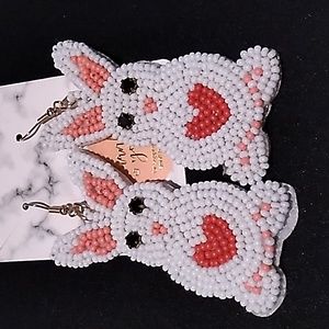 Easter beaded Earrings hypoallergenic bunnies white & pink 3 x 1 inch